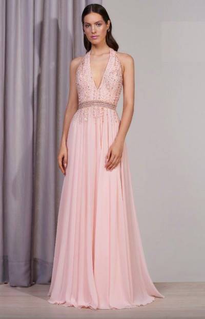 vestido de formatura longo rosa claro