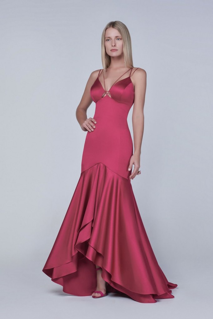 vestido de festa sereia rosa com babado