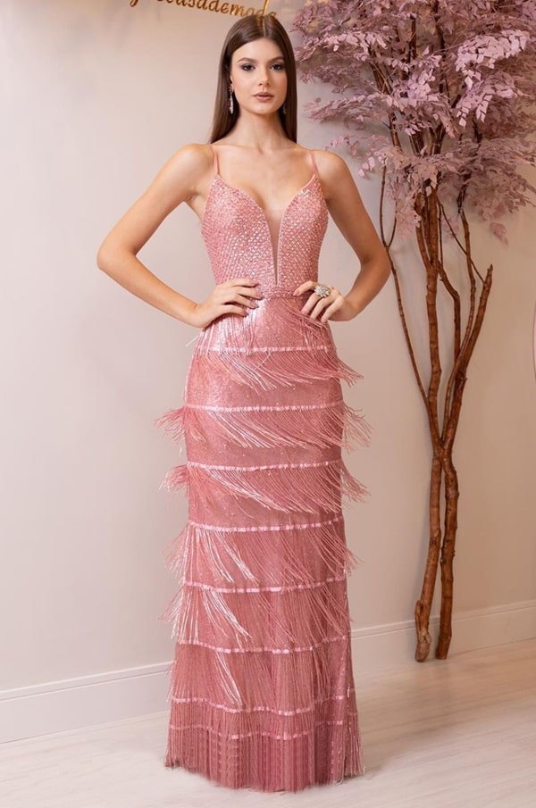 vestido de festa longo rose com franjas