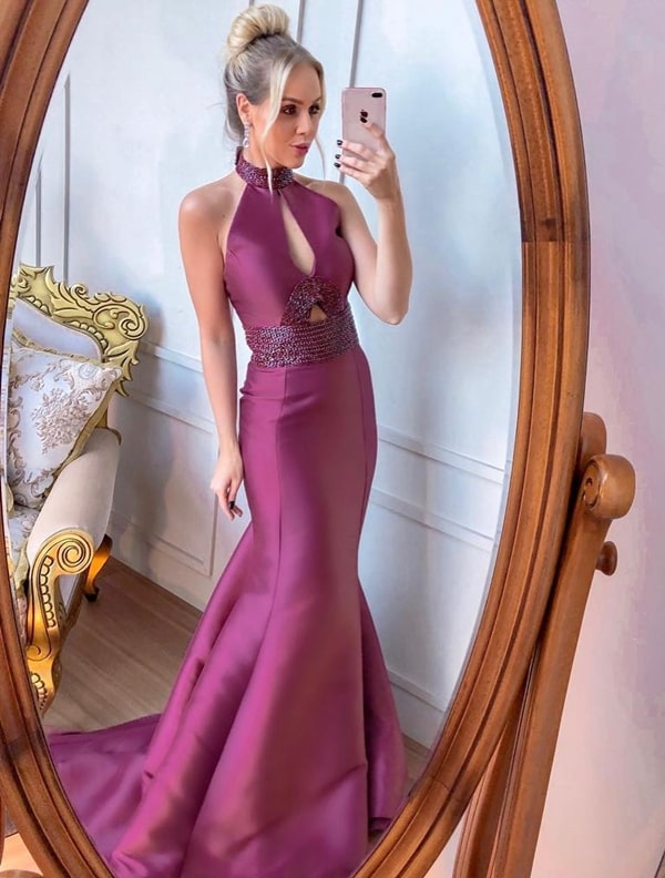vestido de festa  longo modelo sereia com gola alta