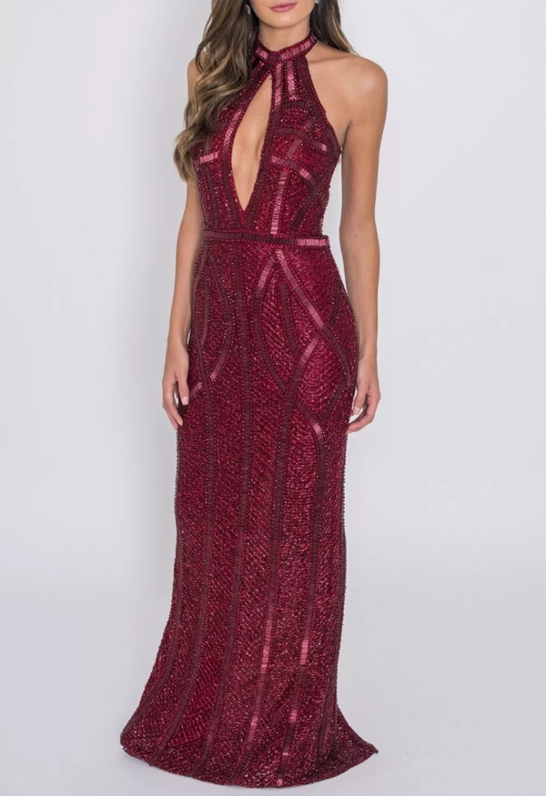 vestido de festa marsala longo bordado com decote nas costas