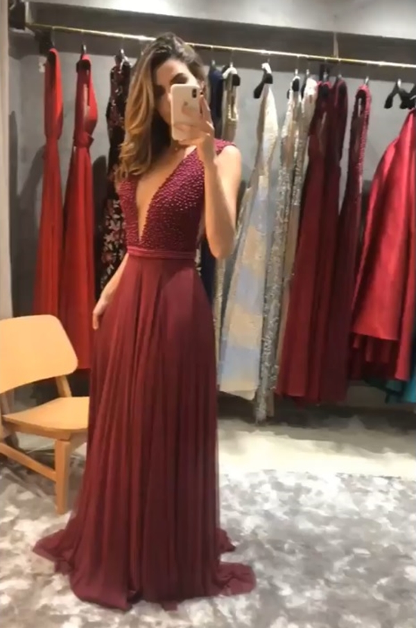 vestido de festa longo marsala fluido