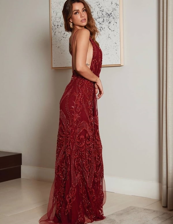 vestido de festa longo marsala bordado