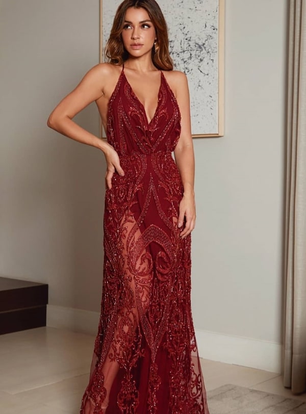 vestido de festa longo marsala bordado