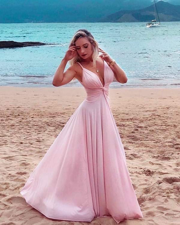 vestido longo rose para madrinha de casamento na praia