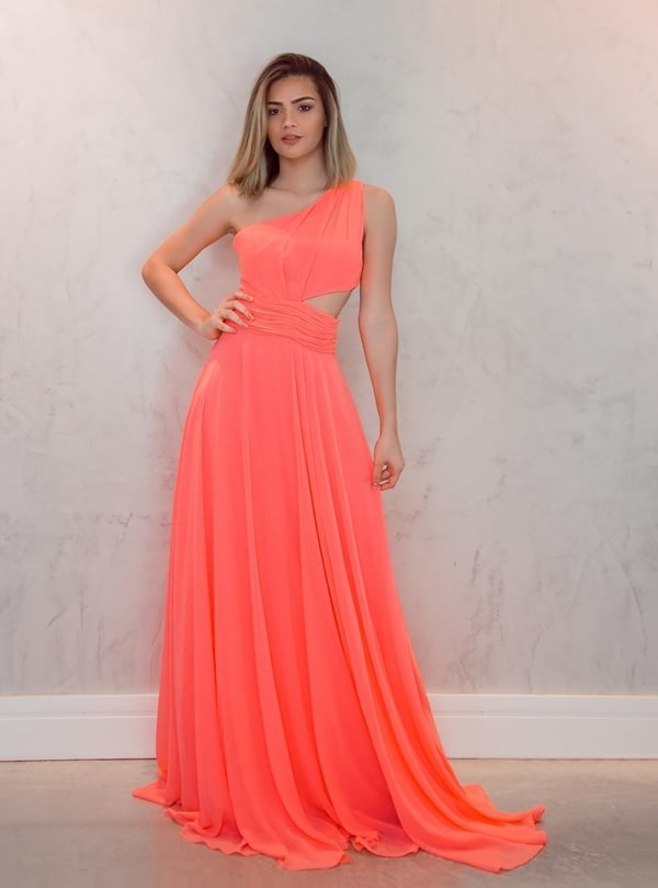 vestido de festa longo laranja neon