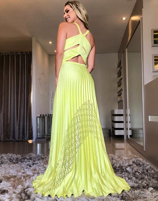 vestido de festa longo amarelo neon