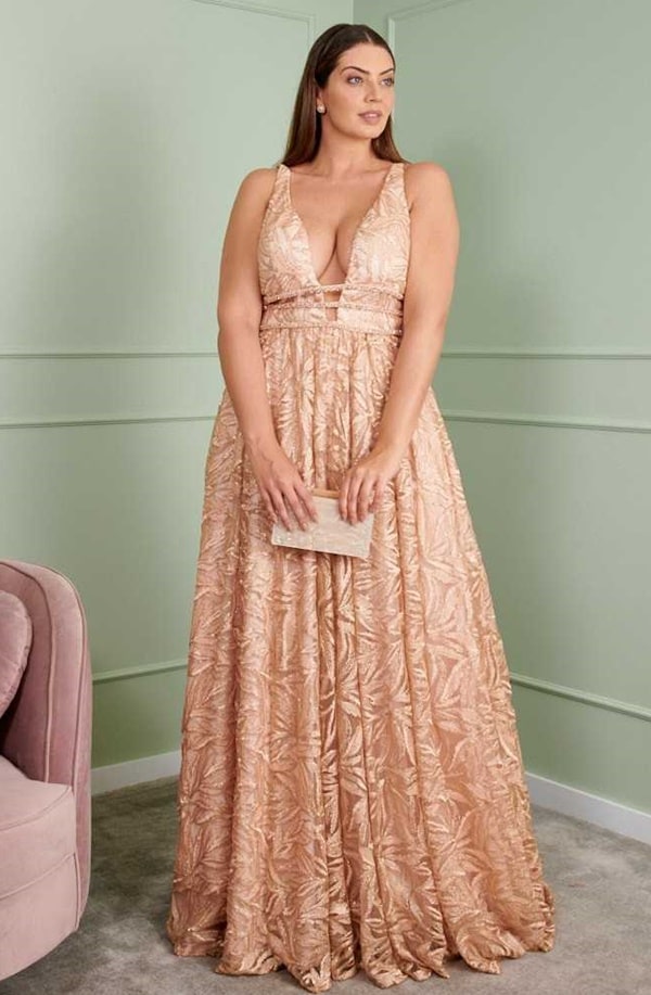 vestido de festa plus size rose gold para madrinha de casamento