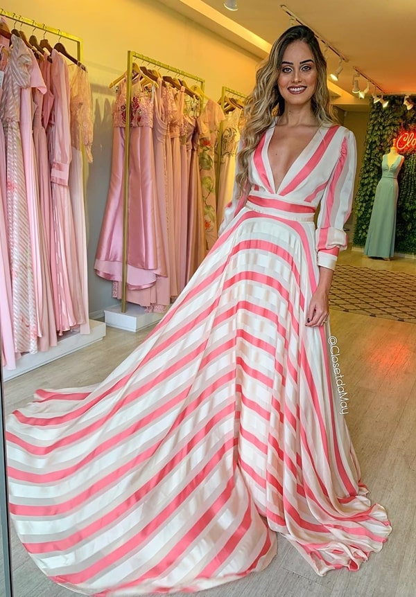 vestido de festa manga longa estampado