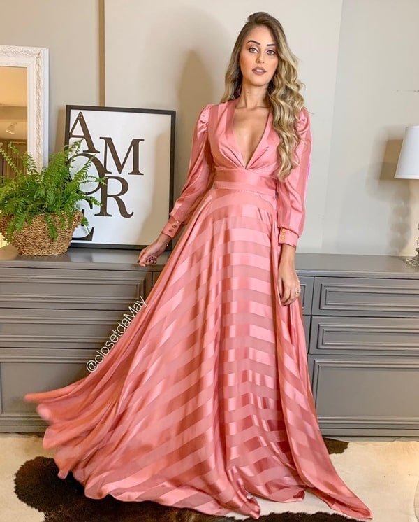 vestido de festa manga longa rosa madrinha