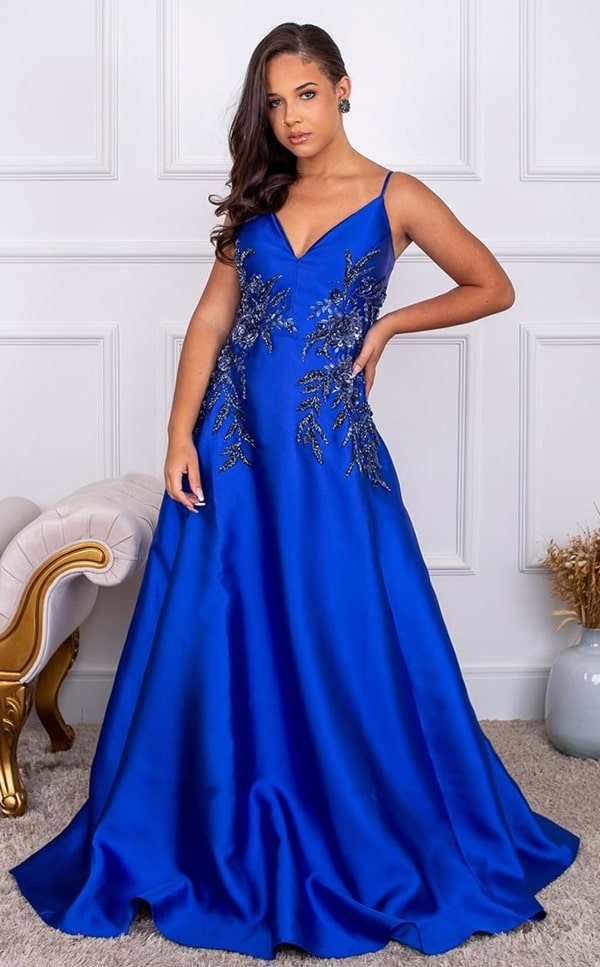 vestido de festa longo azul royal de zibeline semi bordado