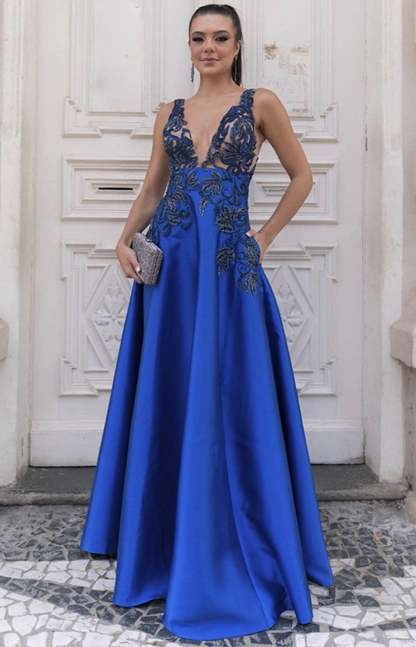 vestido de festa longo azul royal semi bordado