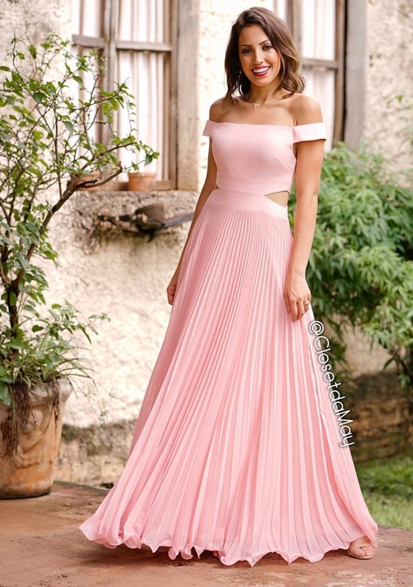 vestido rosa liso longo