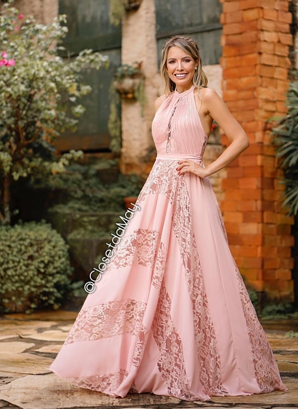 vestido de festa rosa seco longo