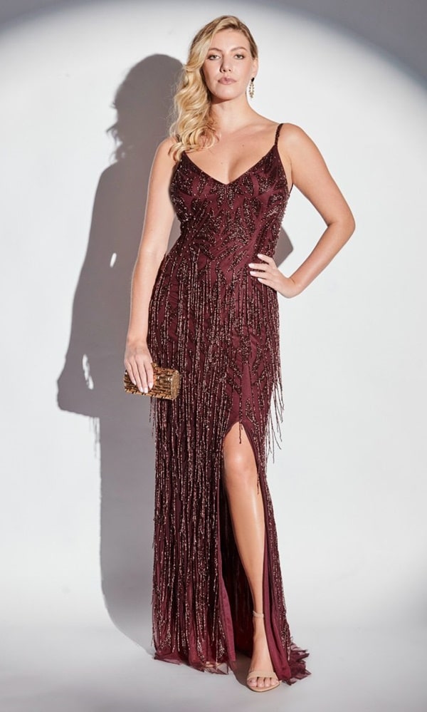 vestido de festa longo marsala com franjas