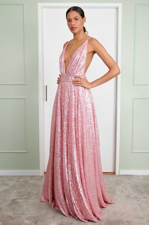 vestido rose com brilho para madrinha de casamento