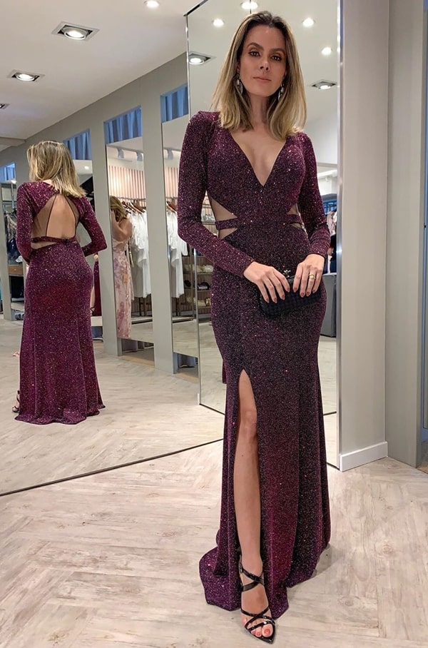 vestido de formatura vinho com dourado