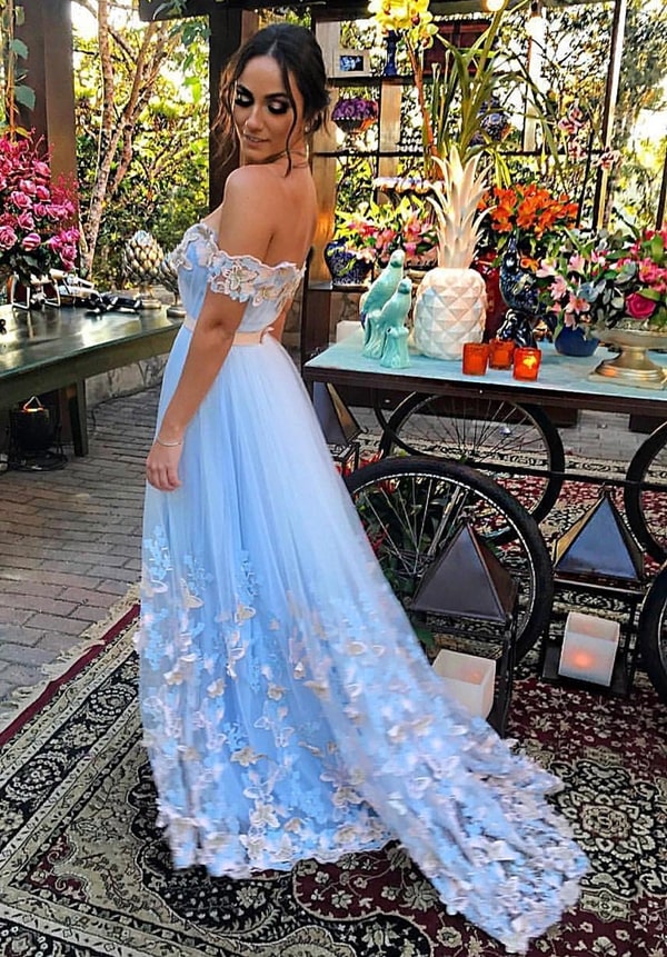 vestido de festa longo azul serenity com bordado 3D