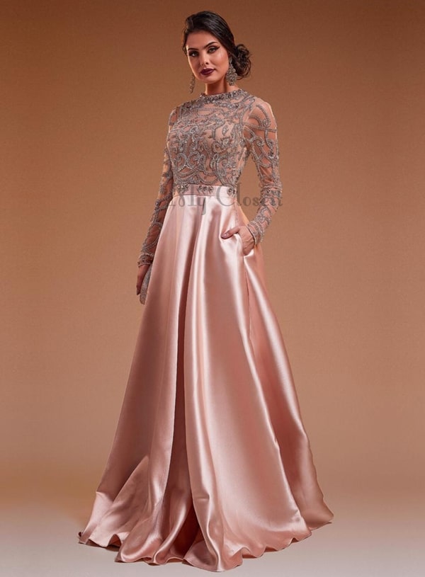 vestido estilo princesa rosa com manga longa bordada