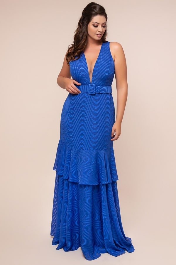 vestido de festa longo plus size azul bic