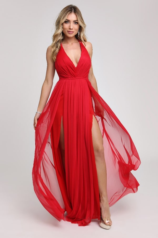 vestido longo vermelho com fenda