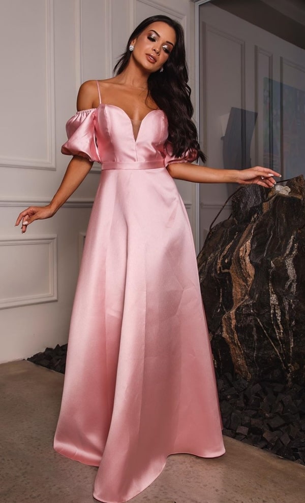 vestido de festa longo rose com manga bufante para madrinha de casamento