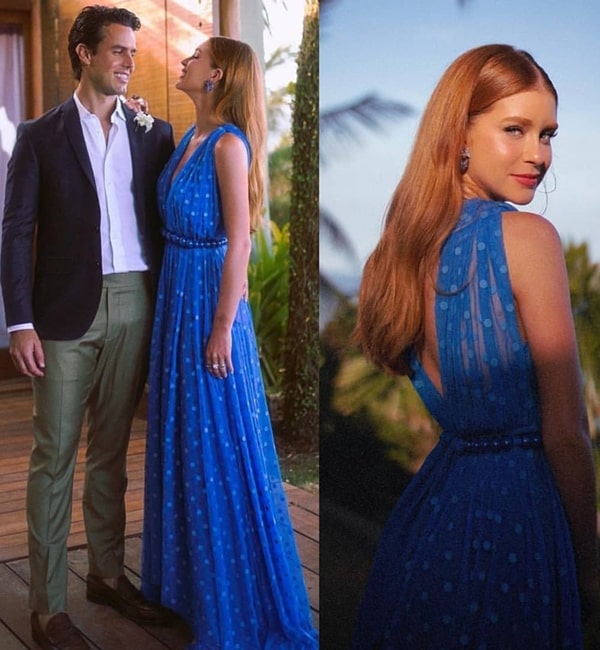 Marina Ruy Barbosa vestido de festa azul com estampa de poás, tendência da moda festa em 2020