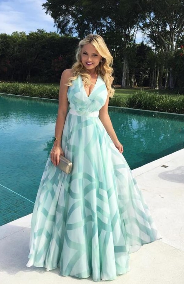 vestido de festa longo verde água estampado para madrinha de casamento