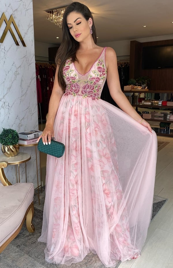 vestido longo rose estampado para madrinha de casamento