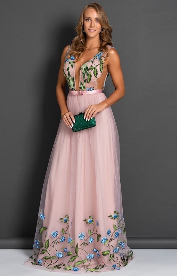 vestido longo rose com bordado floral