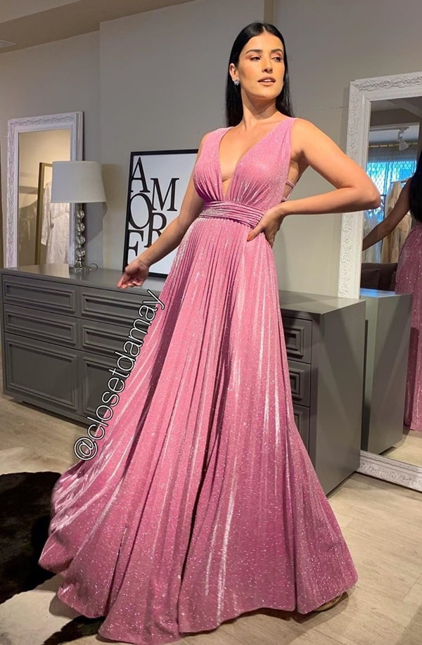 vestido longo rosa de lurex plissado