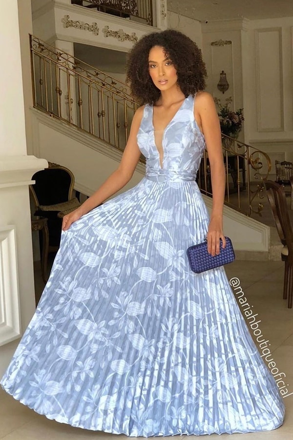 vestido longo azul serenity plissado com estampa floral