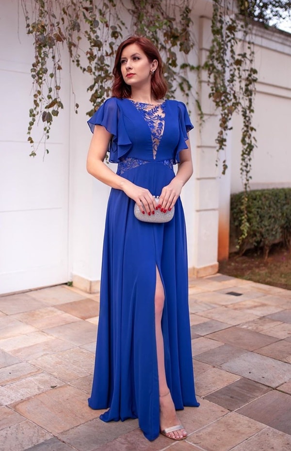 vestido longo azul  com manguinha curta para madrinha de casamento