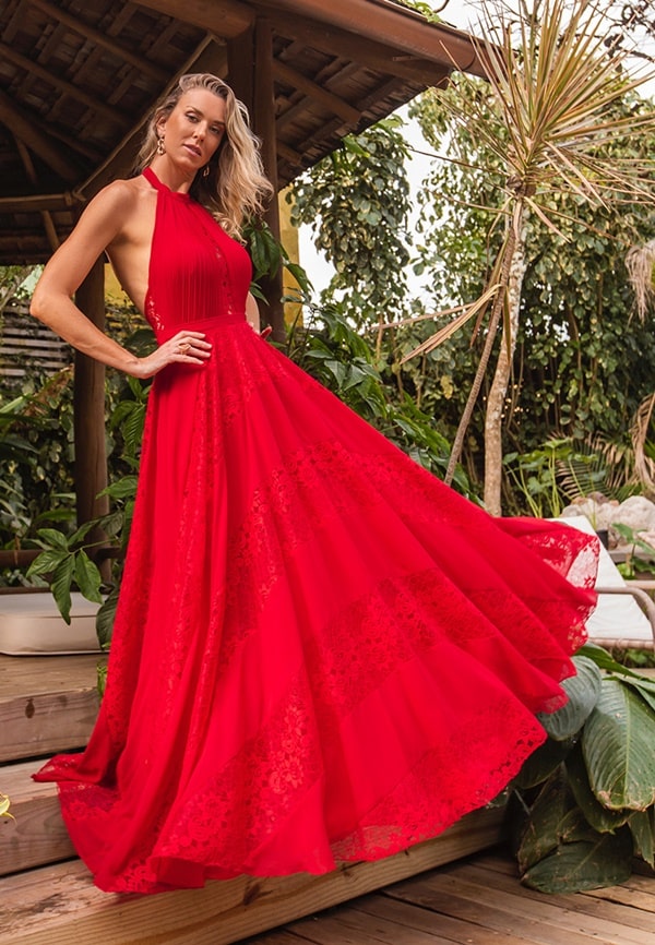 vestido longo vermelho frente única