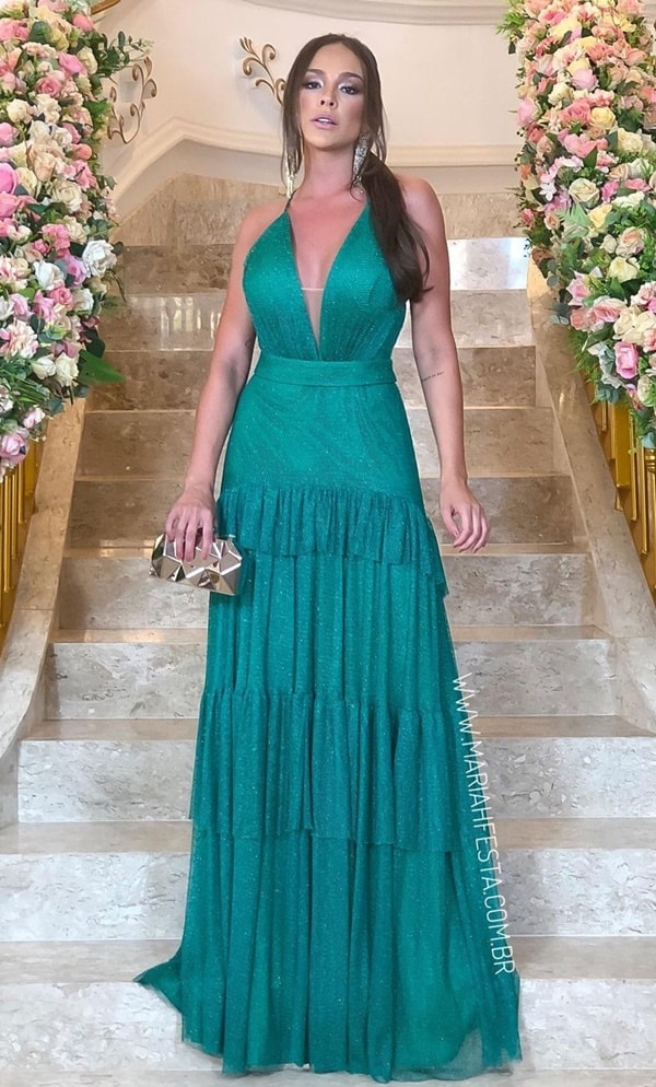vestido longo verde esmeralda tule glitter para madrinha de casamento