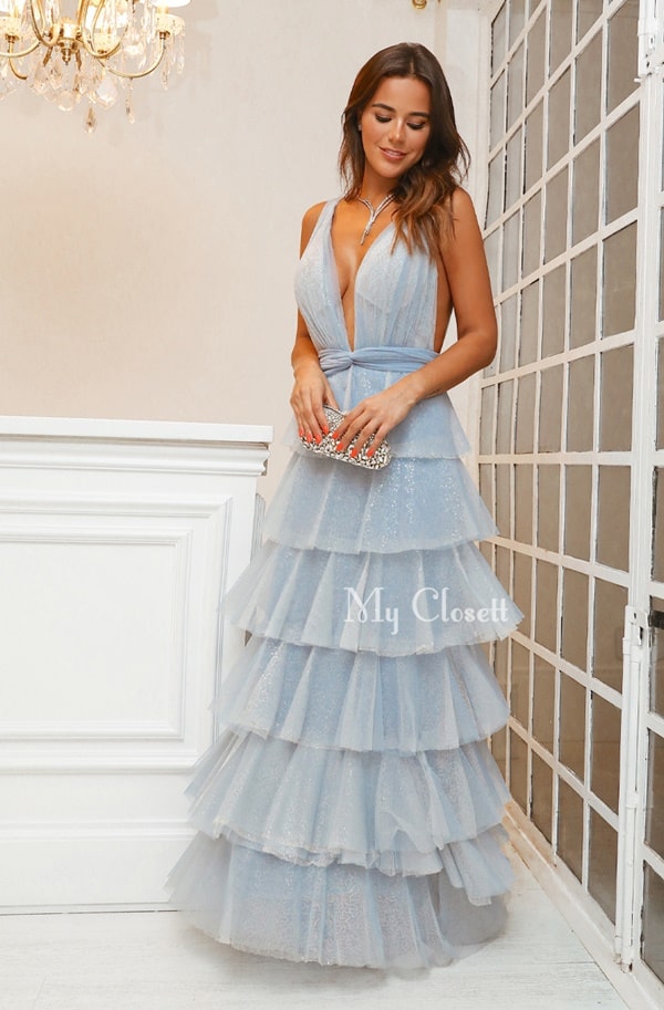 vestido longo azul serenity de tule para madrinha de casamento