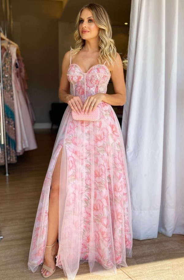 vestido de festa longo com estampa floral rose