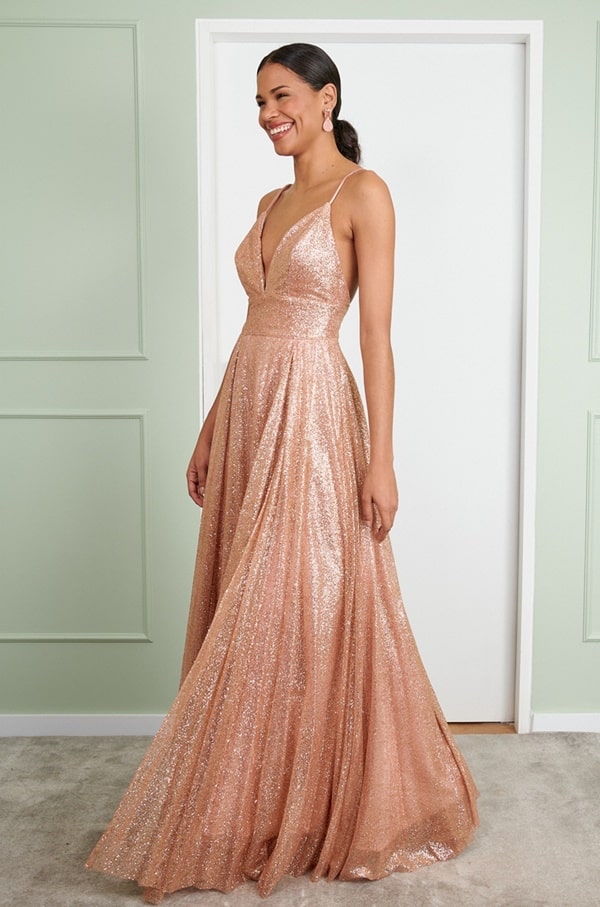 vestido de festa longo rose gold glitter