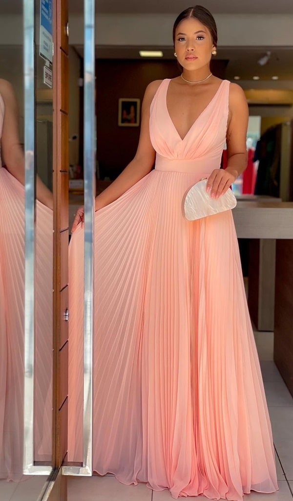 vestido longo rose plisssado para madrinha de casamento