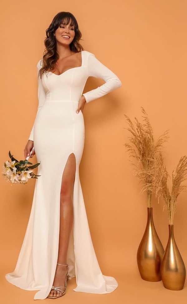vestido longo branco simples  para noiva mini wedding, pre wedding ou noivada