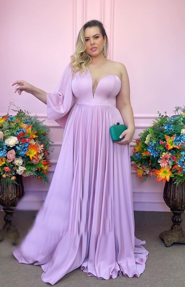 vestido de festa lilas plus size para madrinha de casamento