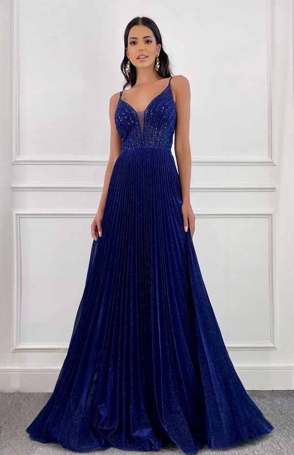 vestido longo azul royal com brilho