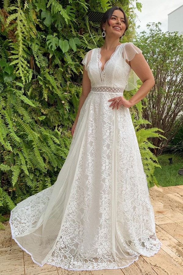 vestido longo branco rendado para noiva casamento civil
