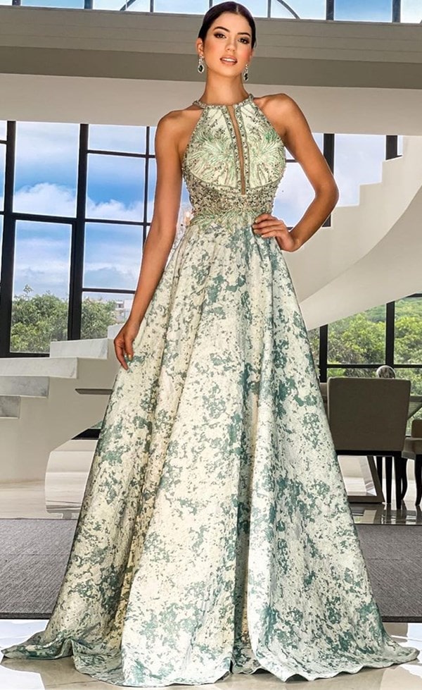 vestido de festa longo verde menta estampado estilo princesa
