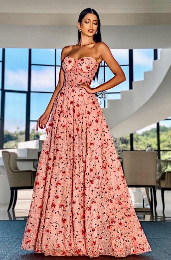 vestido de festa longo coral estampado floral