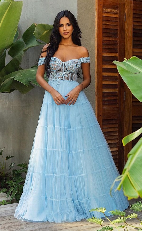 vestido longo azul serenity com corset bordado e saia de tule para madrinha de casamento