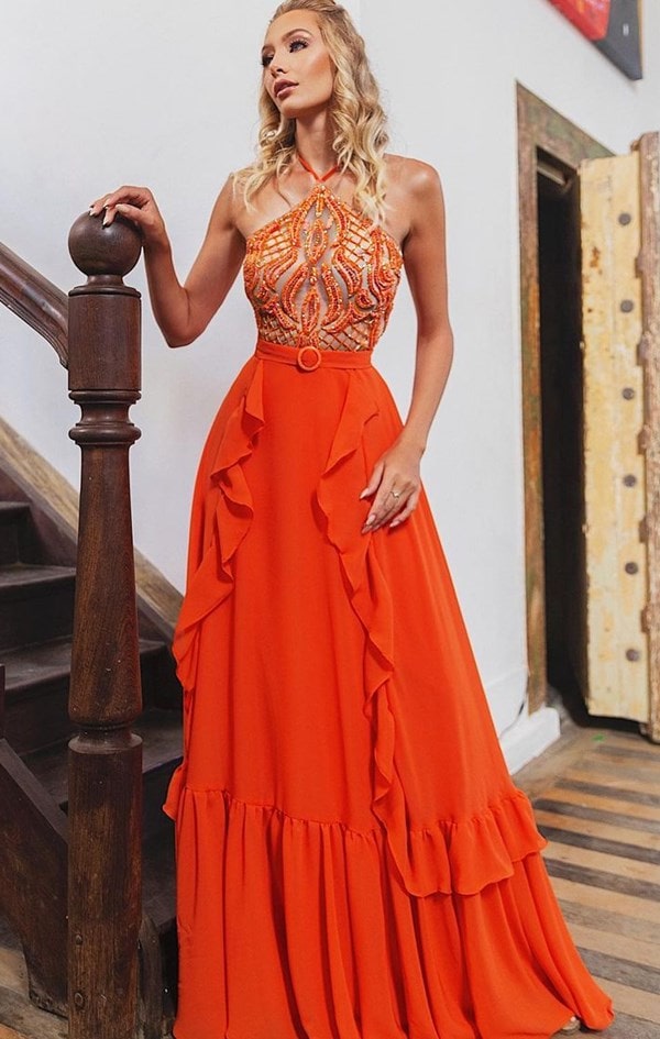 vestido longo coral laranja bordado para madrinha de casamento