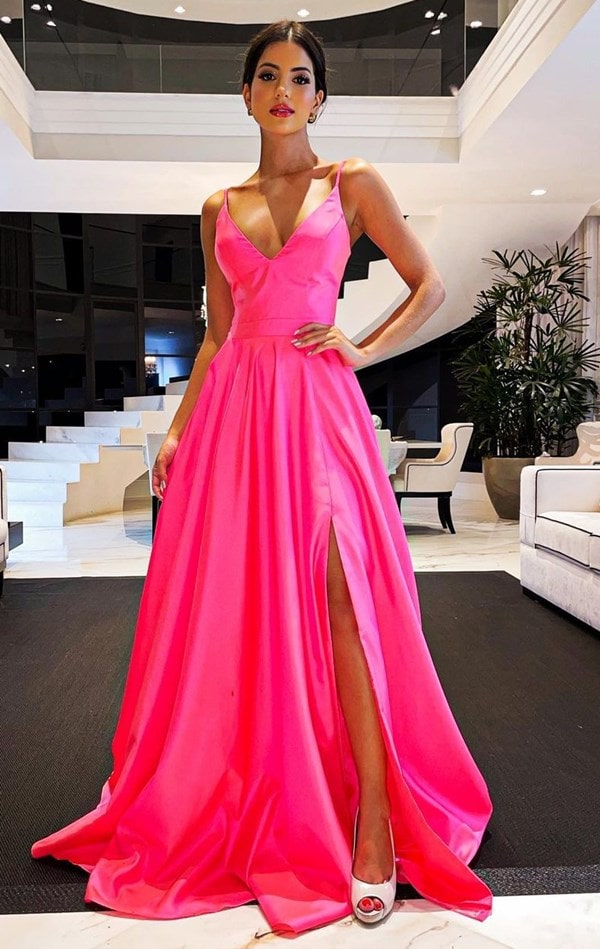 vestido de festa longo rosa neon