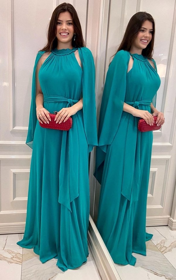 vestido longo azul petroleo com capa