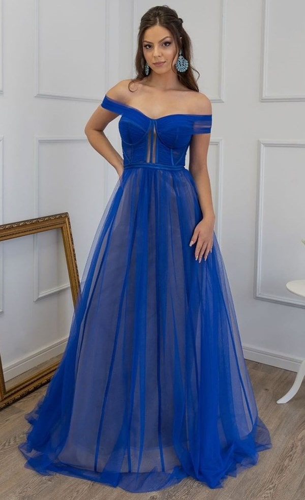 vestido longo azul royal de tule  para madrinha de casamento